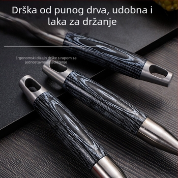 Četverostruki set kuhinjskih alata od nehrđajućeg čelika 304 s dugim držačima i drvenom ručkom: žlica za juhu, žlica s otvorom, špatula za kuhanje i špatula za prženje