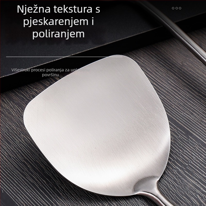 Četverostruki set kuhinjskih alata od nehrđajućeg čelika 304 s dugim držačima i drvenom ručkom: žlica za juhu, žlica s otvorom, špatula za kuhanje i špatula za prženje