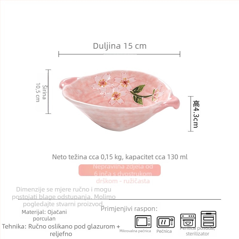 Porcelanska posuda za grickalice i deserte, ručno oslikana podglazurnom tehnikom s cvjetnim uzorkom, nepravilan oblik, promjer 15–16 cm, pogodna za mikrovalnu.