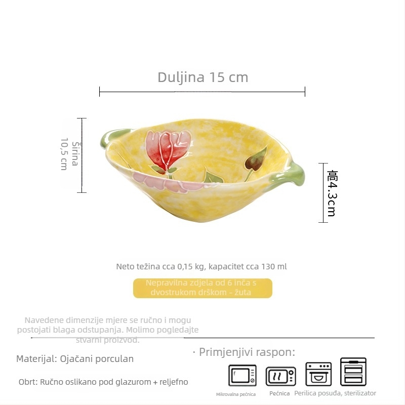 Porcelanska posuda za grickalice i deserte, ručno oslikana podglazurnom tehnikom s cvjetnim uzorkom, nepravilan oblik, promjer 15–16 cm, pogodna za mikrovalnu.