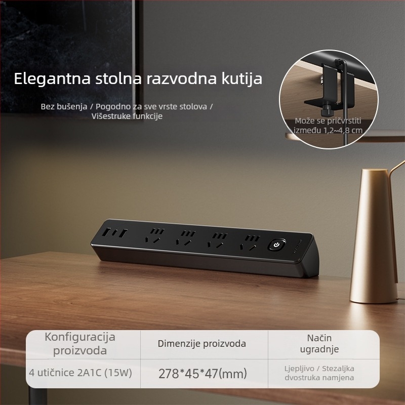 JOYE USB utičnica s klipom za stolom, za ured, podesiva, s uklonjivim ljepilnim klipom