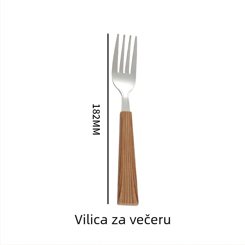 Prilagođeni set pribora od nehrđajućeg čelika s imitacijom drvenog drva za kućnu upotrebu, retro stil: noževi za steak, vilice i desertna žlica