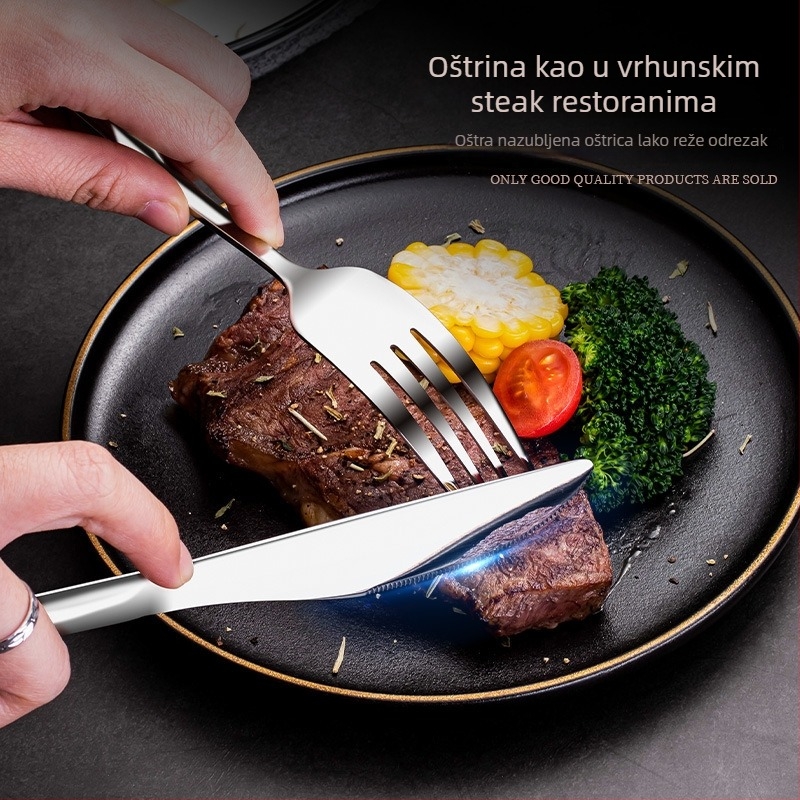 Set pribora od 304 nehrđajućeg čelika za kućnu i hotelsku upotrebu – nož, vilica, žlica, desertna žlica, vilica za voće; mogućnost tiska logotipa