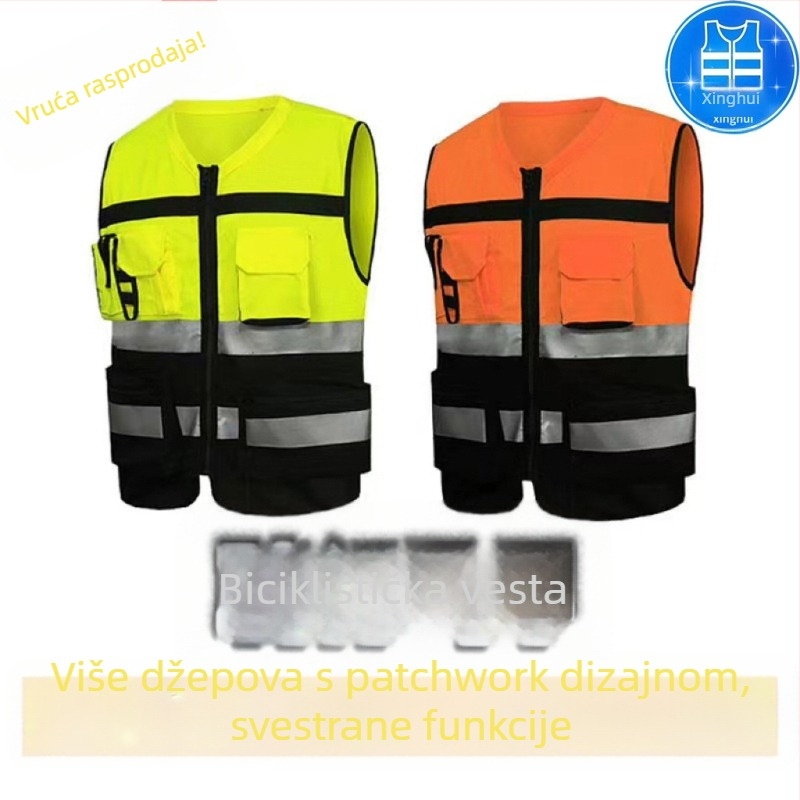 Reflektirajući biciklistički prsluk sa zatvaračem, višestruki džepovi i reflektirajuće trake
