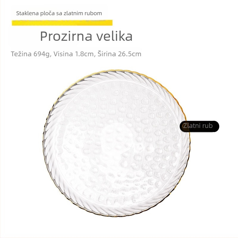 Stakleni tanjur za voće s pozlaćenim rubom, nordijskog stila, kreativni tanjur za voće, salate i odrezak, za kućnu upotrebu