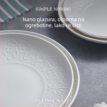 Flag Duboko kružni porcelanski set za stol, bijele boje, reljefna podloga pod glazurom, tanjuri promjera 8 inča, jednobojno