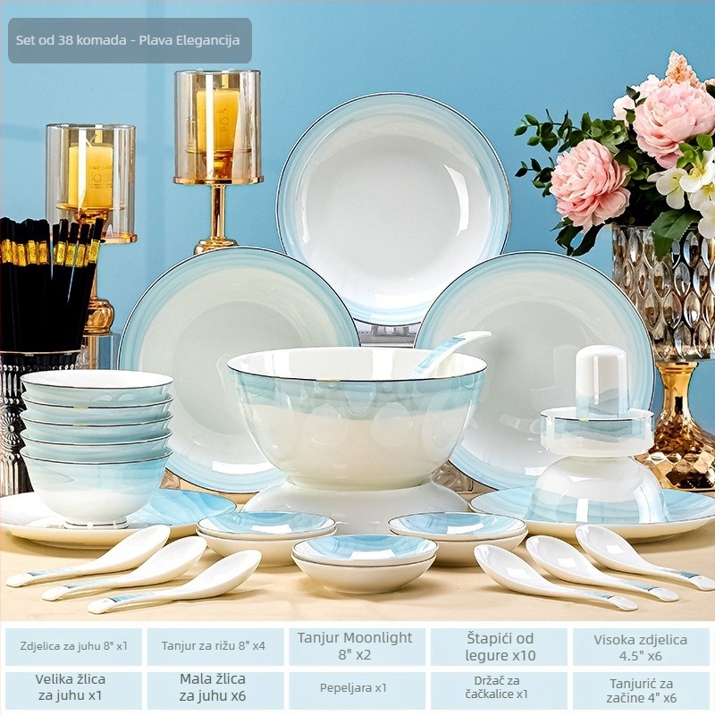 Porcelanski set tanjura, zdjela i štapića, okrugli oblik, moderni minimalistički stil