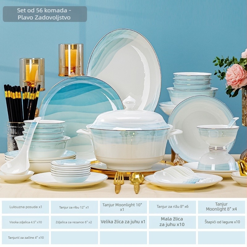Porcelanski set tanjura, zdjela i štapića, okrugli oblik, moderni minimalistički stil