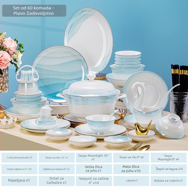 Porcelanski set tanjura, zdjela i štapića, okrugli oblik, moderni minimalistički stil