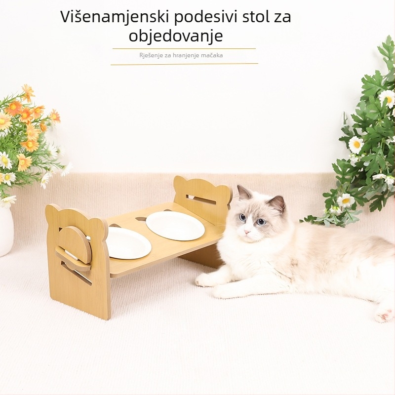 Keramička i drvena posuda za mačke, protiv prevrnutja, dizajn 2-u-1 uz potporu za vrat