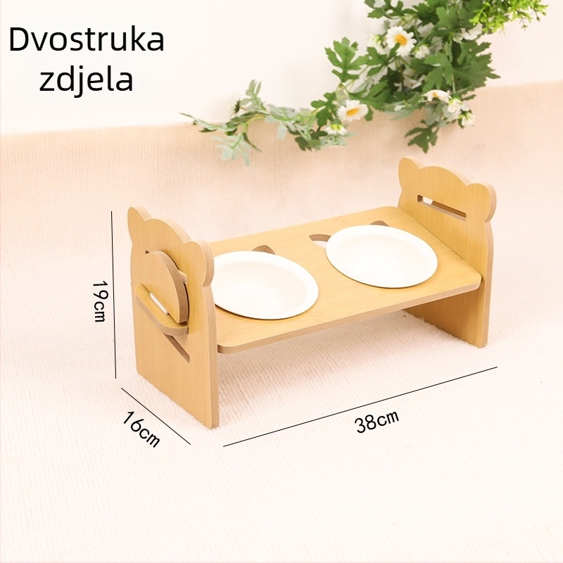 Keramička i drvena posuda za mačke, protiv prevrnutja, dizajn 2-u-1 uz potporu za vrat