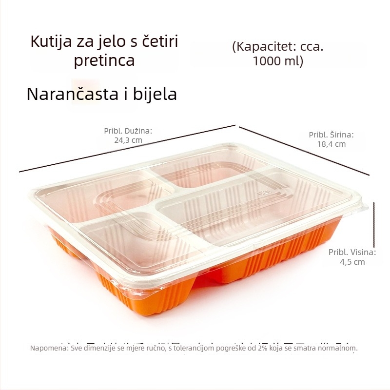 Jednokratna pravokutna kutija za obrok sa četiri odjeljka, plastična, s poklopcem, kompatibilna s mikrovalnom pećnicom