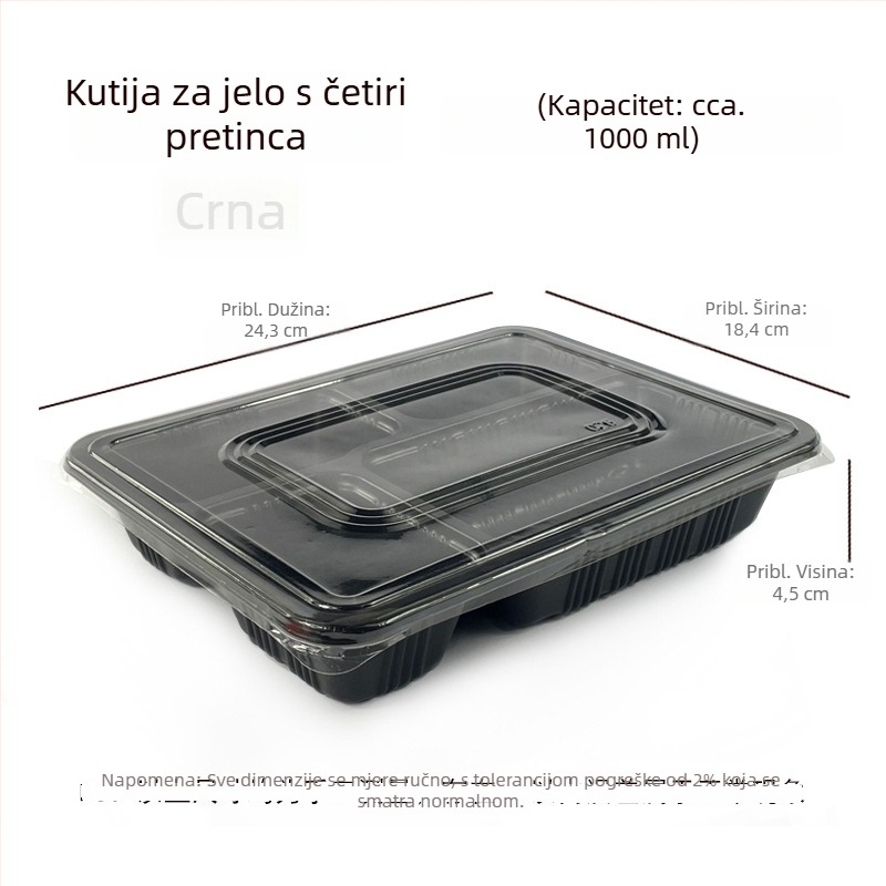 Jednokratna pravokutna kutija za obrok sa četiri odjeljka, plastična, s poklopcem, kompatibilna s mikrovalnom pećnicom