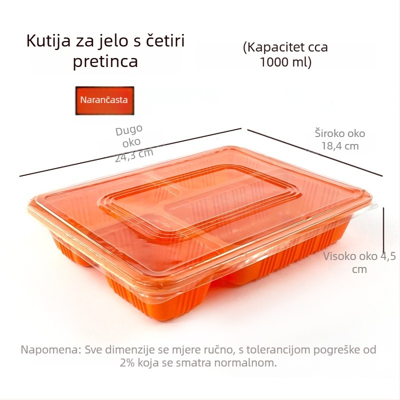Jednokratna pravokutna kutija za obrok sa četiri odjeljka, plastična, s poklopcem, kompatibilna s mikrovalnom pećnicom