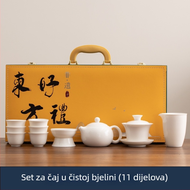 Bijeli porcelanski Kung Fu set čaja s čajnikom i zdjelom s poklopcem, za šest osoba, elegantan dar