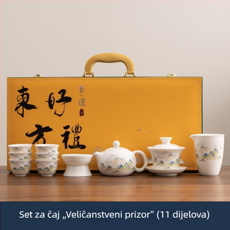 Bijeli porcelanski Kung Fu set čaja s čajnikom i zdjelom s poklopcem, za šest osoba, elegantan dar