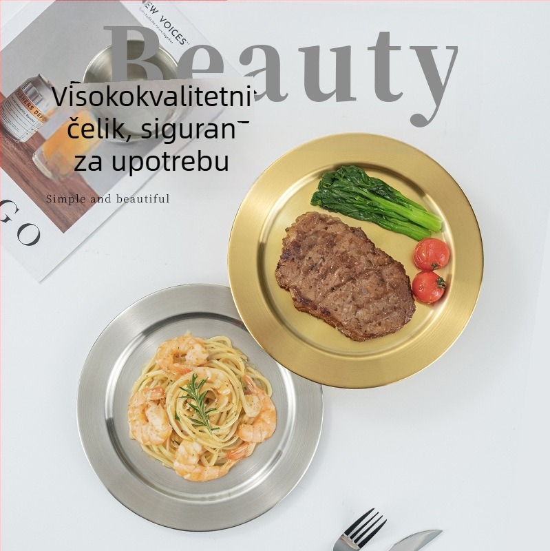 Nehrđajući čelik, široki rub, okrugli tanjur s visokim oglednim završetkom; pogodan za roštilj, grickalice, hot pot i posluživanje steakova; plitka ploča