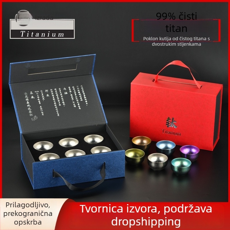 Čajni set od čistog titana s dvostrukim stijenkama u darovnoj kutiji, Gongfu čaj set, za dom i ured