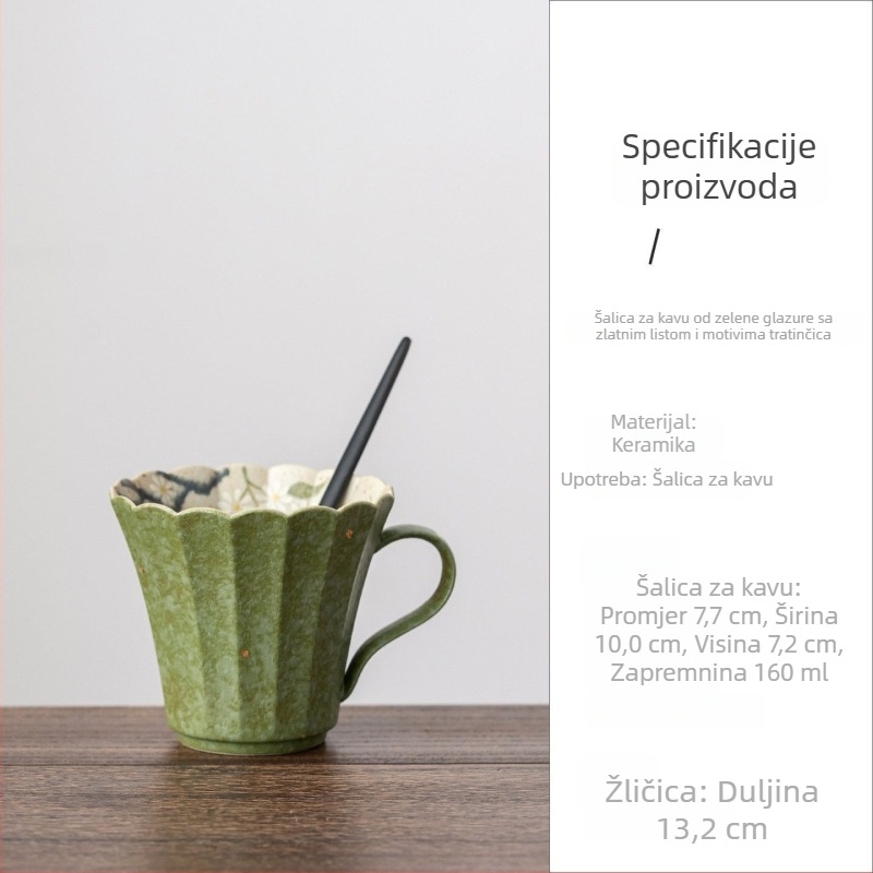 Zelena glazirana šalica za kavu sa zlatnim naglascima i motivom tratinice, porcelinska šalica s podglazom, u kineskom stilu, za kućnu i uredsku upotrebu