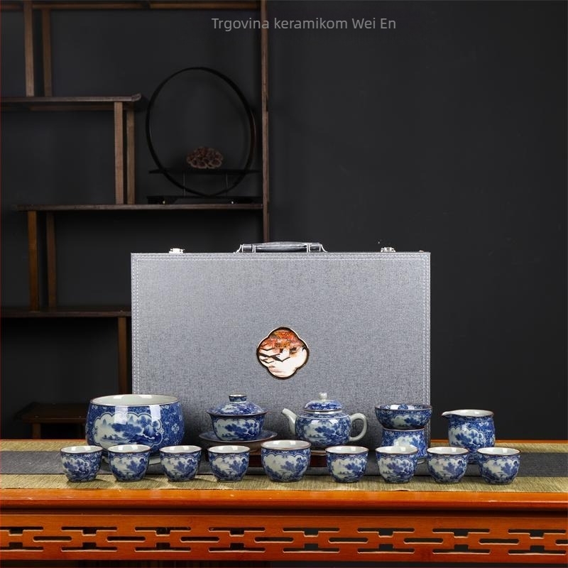 Jingdezhen ručno izrađen Gongfu čajni set plavo-bijeli porcelin s posudom, gaiwanom i šalicama – keramički set za kućnu i uredsku upotrebu, za 6-10 osoba