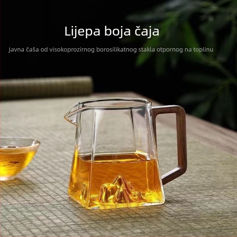 Prozirna borosilikatna čajna posuda s bočnom drškom od drveta, čajni dijeljivač, velik kapacitet, Kung Fu set za čaj