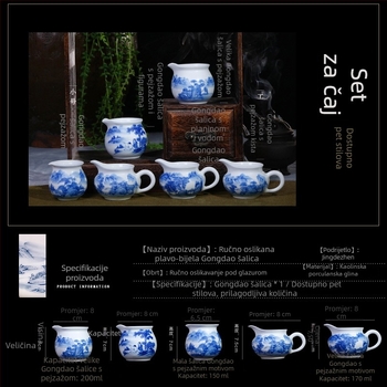 Jingdezhen ručno oslikana plavo-bijela porcelanska šalica s pejzažnim motivom, za Kung Fu čajni set