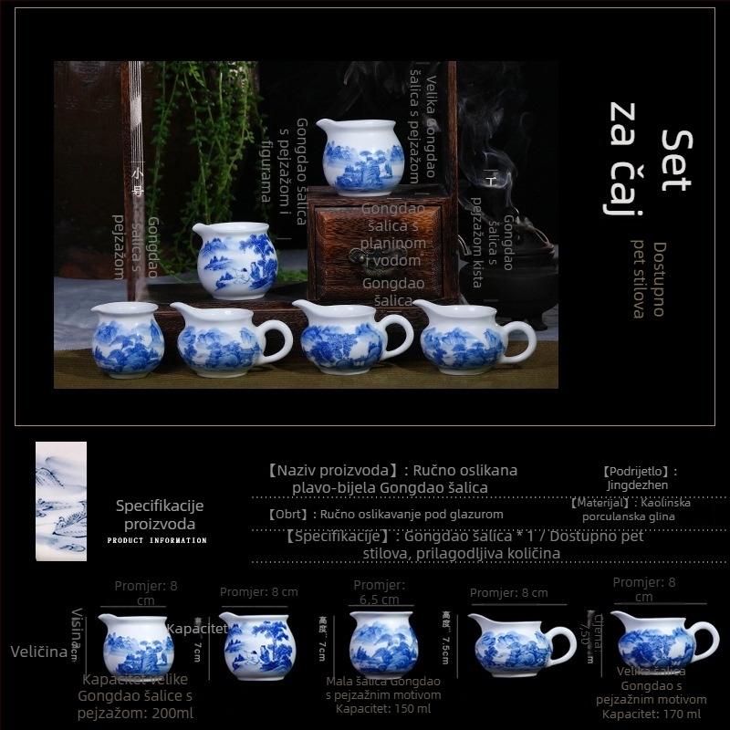 Jingdezhen ručno oslikana plavo-bijela porcelanska šalica s pejzažnim motivom, za Kung Fu čajni set