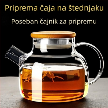 Čajnik od borosilikatnog stakla s poklopcem od bambusa za čaj od cvijeća, veliki promjer, otporan na visoke temperature.