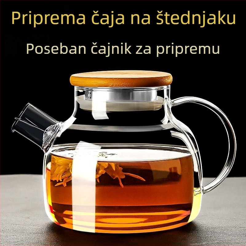 Čajnik od borosilikatnog stakla s poklopcem od bambusa za čaj od cvijeća, veliki promjer, otporan na visoke temperature.