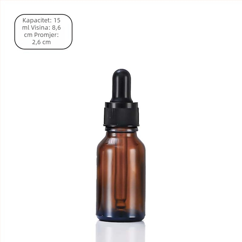 Set staklenih bočica jantarne boje: 5 ml bočice za eterična ulja, 10 ml staklene bočice s kapljicom, 30 ml bočice za punjenje parfema, 50 ml prazne bočice za serume