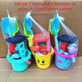 Dječji set za plažu: kanta za pijesak, lopatica, kalupi za pijesak i pješčani sat, za igru uz more