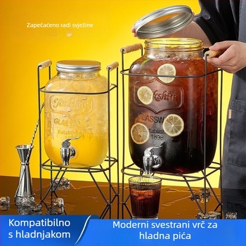 Staklena boca u obliku buradi sa slavinom za sok, vodu, pivo i voćni čaj