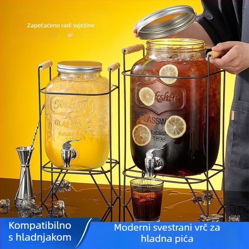Staklena boca u obliku buradi sa slavinom za sok, vodu, pivo i voćni čaj