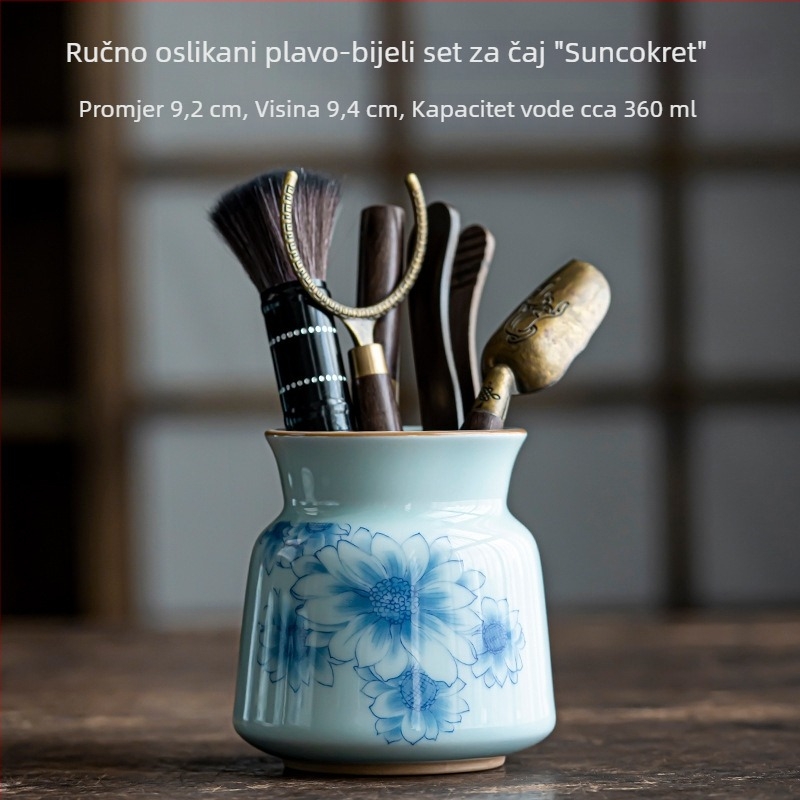 Keramički set za čajnu ceremoniju sa šest džentlemana, plavo-bijela ručno oslikana dekoracija, Zen vintage stil, uključuje čajni nož i četkicu za održavanje čajnika, mala veličina