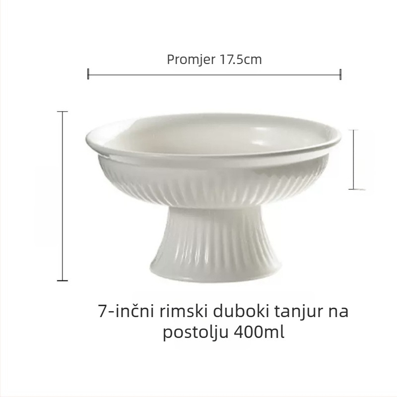 Porcelanski tanjur s visokim nogicama i prugastim uzorkom, za čaj, predjela, hladna jela, voće i deserte — hotelsko posuđe