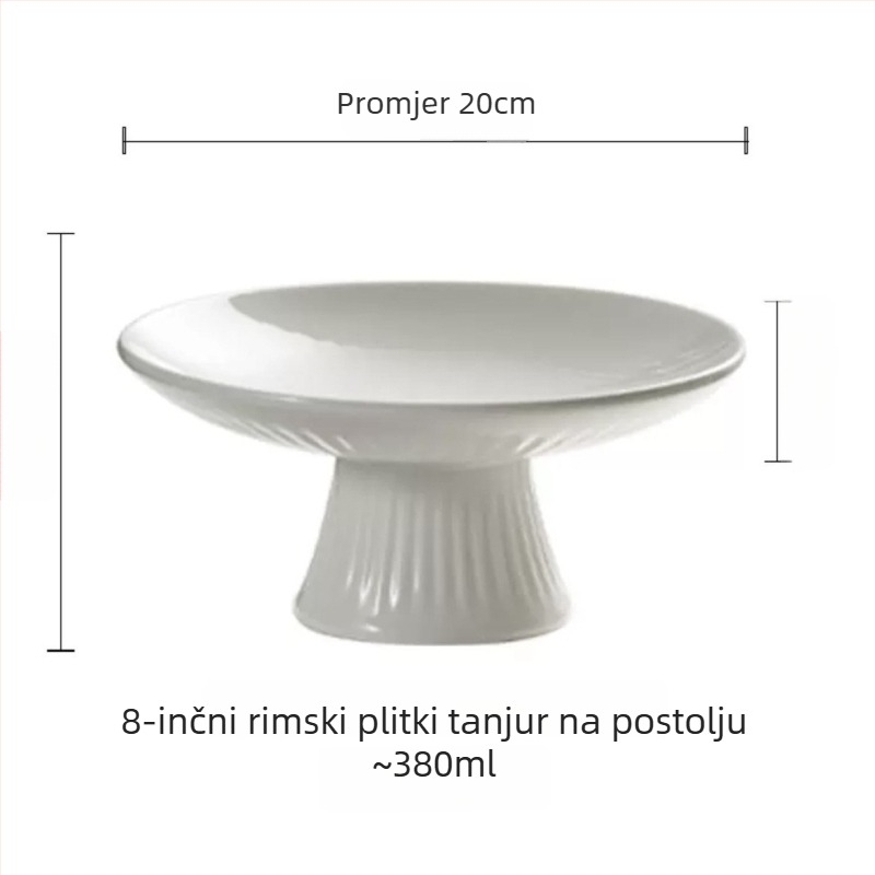 Porcelanski tanjur s visokim nogicama i prugastim uzorkom, za čaj, predjela, hladna jela, voće i deserte — hotelsko posuđe