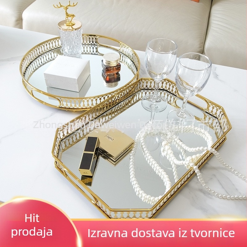 Europski stil, luksuzni stakleni zrcalni pladanj s metalnim skladištem, za dnevni boravak, pladanj za čaj i vodu, pladanj za voće