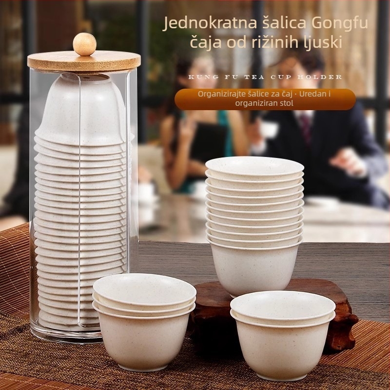 Jednokratna šalica za čaj 60 ml, debela, otporna na visoke temperature, šalica od rižine ljuske, set čaja s držačem za pohranu