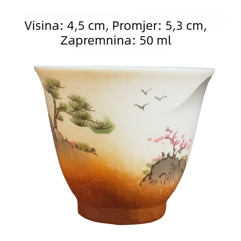 Bijela porculanska šalica za čaj s ručno oslikanim krajolikom, japanska ilustracija, keramička gongfu šalica za čaj, vintage mala šalica.