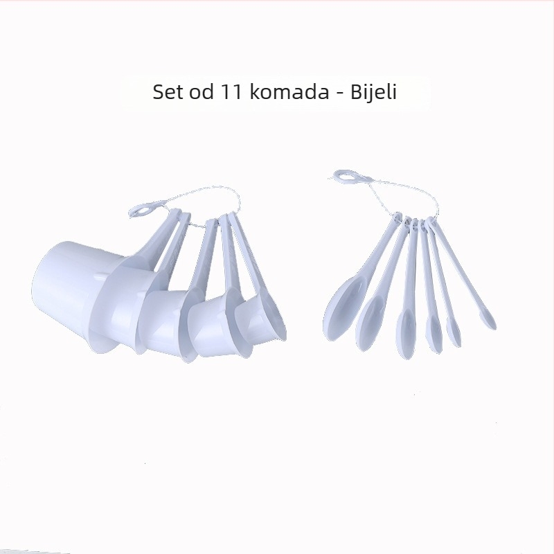11-djelni komplet bijelih plastičnih mjernih žlica sa skalom, uključuje jušne žlice, žlice za čaj, žlice za začine i set žlica za pečenje