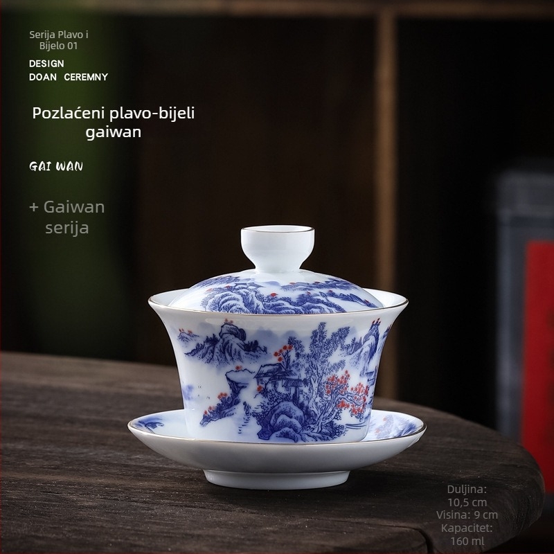 Veliki porculanski gaiwan s pozlaćenom plavo-bijelom uzorkom, Gongfu čajni set za čajnu ceremoniju, retro kineski stil