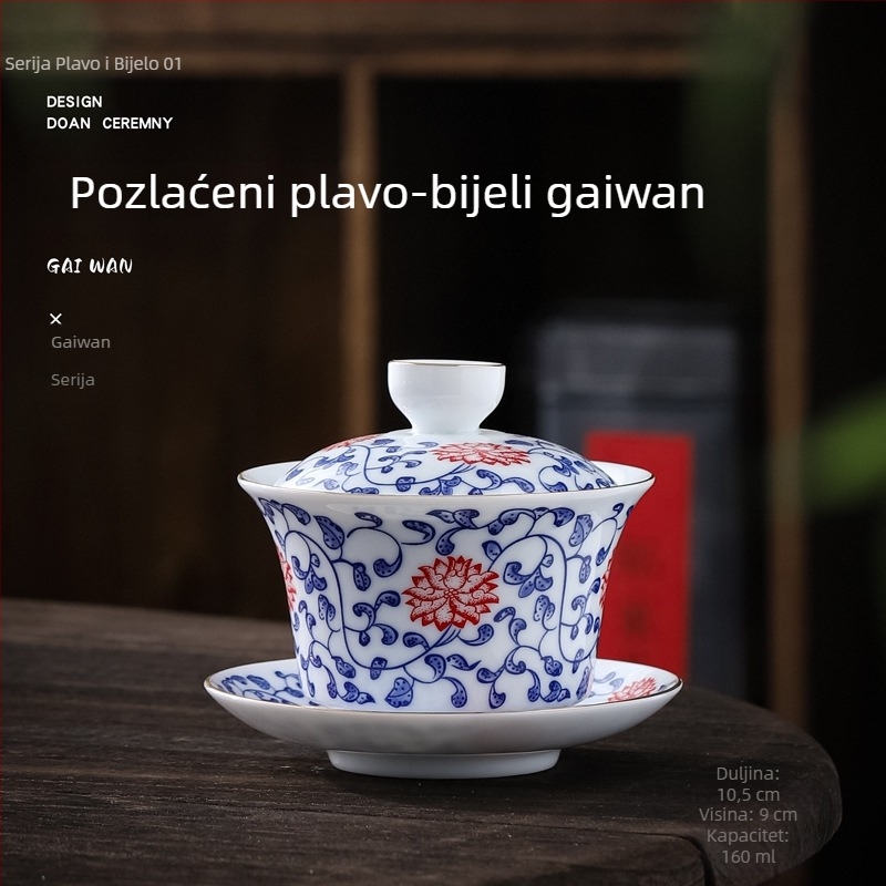 Veliki porculanski gaiwan s pozlaćenom plavo-bijelom uzorkom, Gongfu čajni set za čajnu ceremoniju, retro kineski stil