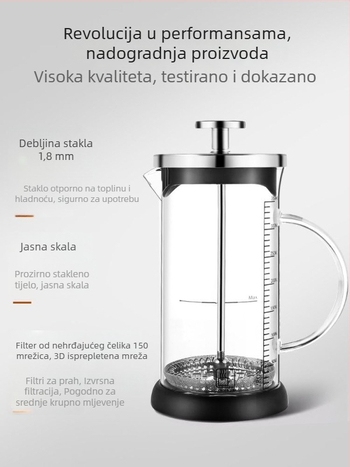 Staklena set za pripremu kave i čaja: francuska presa, posuda za prelijevanje, filter za kavu, set za francuski čaj i šalice za napenjanje mlijeka