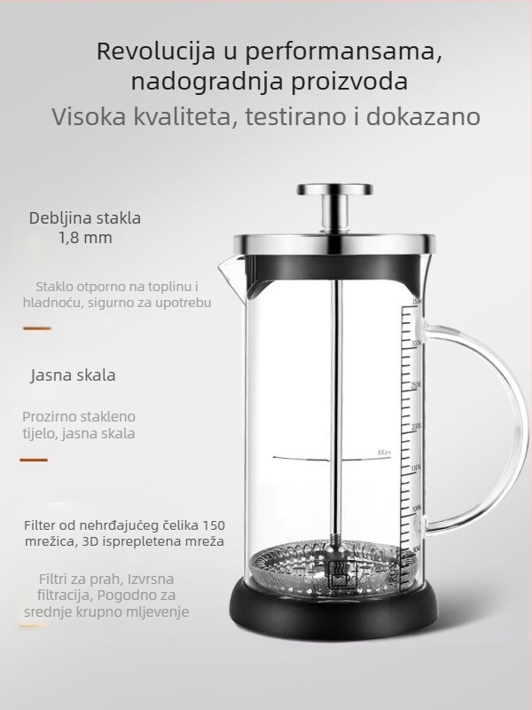 Staklena set za pripremu kave i čaja: francuska presa, posuda za prelijevanje, filter za kavu, set za francuski čaj i šalice za napenjanje mlijeka