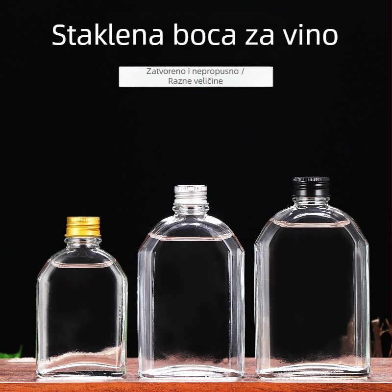 Prozirna staklena boca za liker, prazna; pogodna za liker, sokove i mliječni čaj; kapaciteti 100 ml, 200 ml, 250 ml, 350 ml i 500 ml.