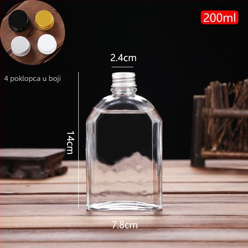 Prozirna staklena boca za liker, prazna; pogodna za liker, sokove i mliječni čaj; kapaciteti 100 ml, 200 ml, 250 ml, 350 ml i 500 ml.