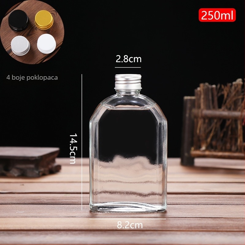 Prozirna staklena boca za liker, prazna; pogodna za liker, sokove i mliječni čaj; kapaciteti 100 ml, 200 ml, 250 ml, 350 ml i 500 ml.