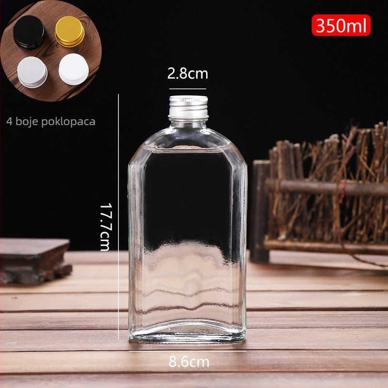 Prozirna staklena boca za liker, prazna; pogodna za liker, sokove i mliječni čaj; kapaciteti 100 ml, 200 ml, 250 ml, 350 ml i 500 ml.