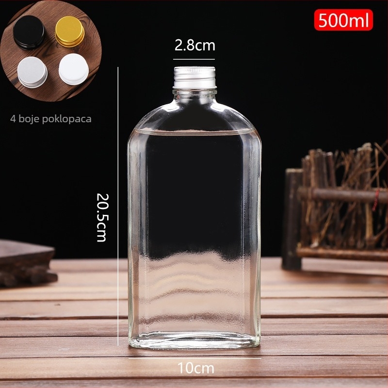 Prozirna staklena boca za liker, prazna; pogodna za liker, sokove i mliječni čaj; kapaciteti 100 ml, 200 ml, 250 ml, 350 ml i 500 ml.