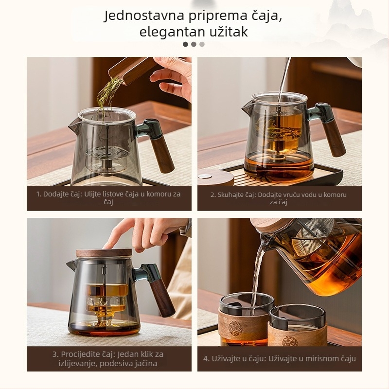 Čajnik s drškom od drveta i infuzorom, staklo visokog borosilikata, tlačni sustav odvajanja čaja i vode, set od tri šalice